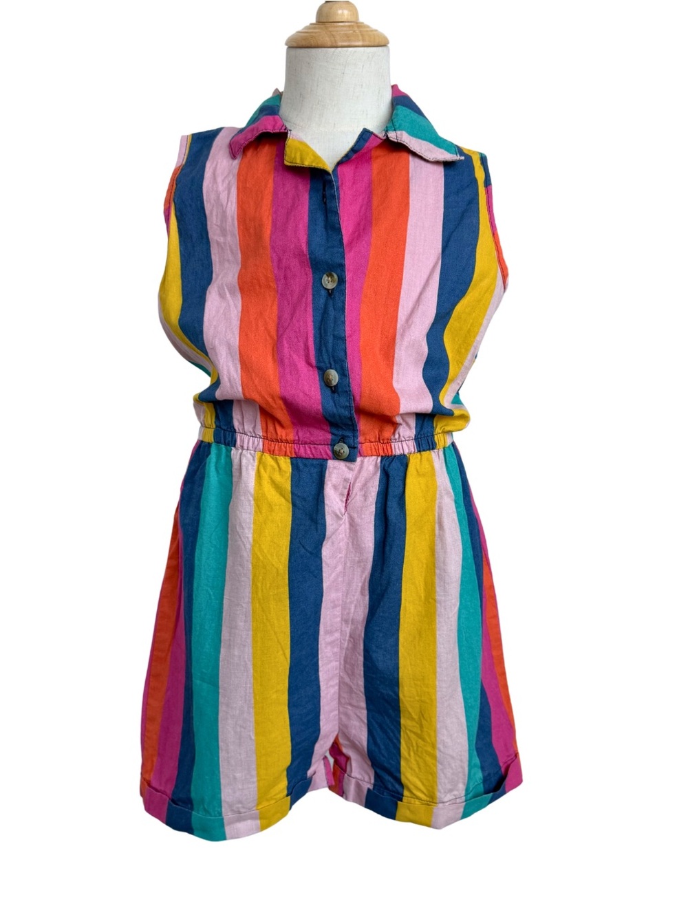 A.T.U.N Girls Romper 6-7Y Colorful Striped Sleeveless Button Front Cotton Summer
